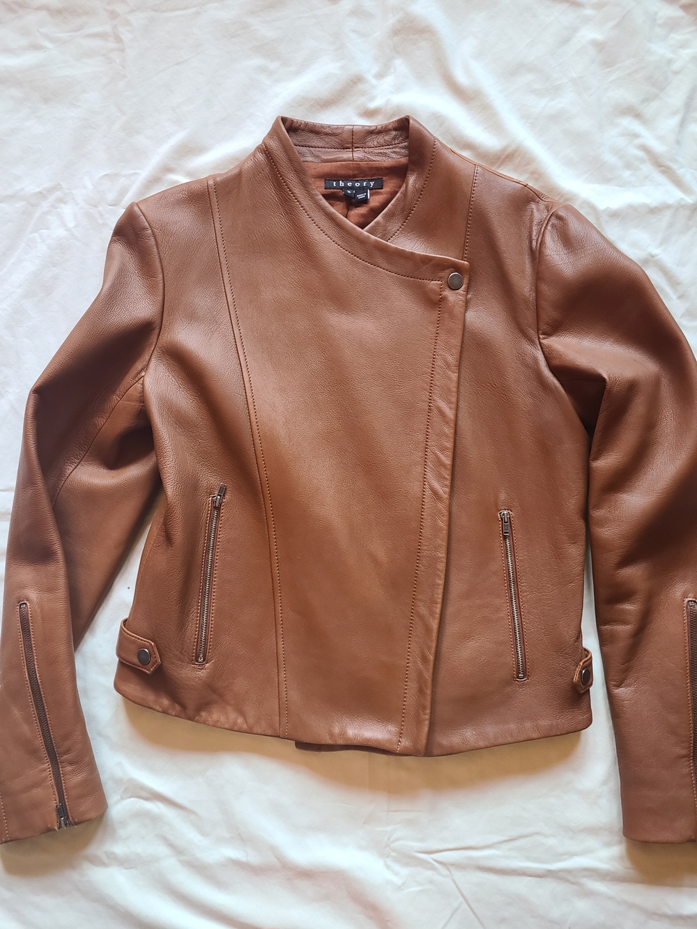 Theory Butter Soft Leather Moto Jacket W/Asymmetrical Zip Closure In Brown M